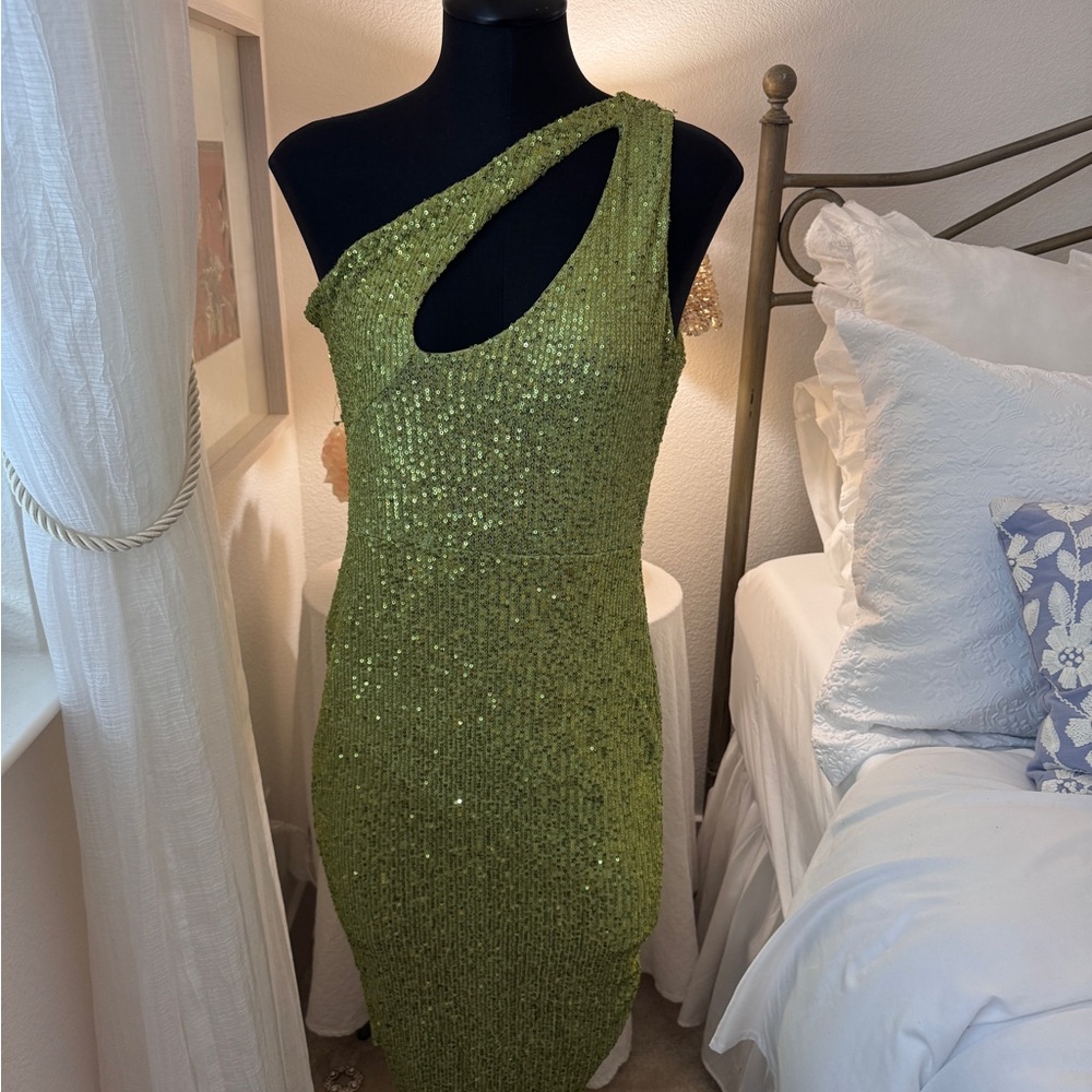 Fashion Nova Lime Sequin One-Shoulder Dress